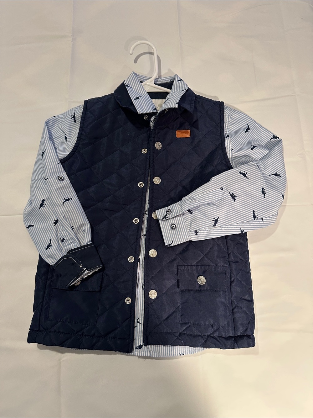 Kids Navy Quilted Vest with Blue-Striped Button-Down Shirt